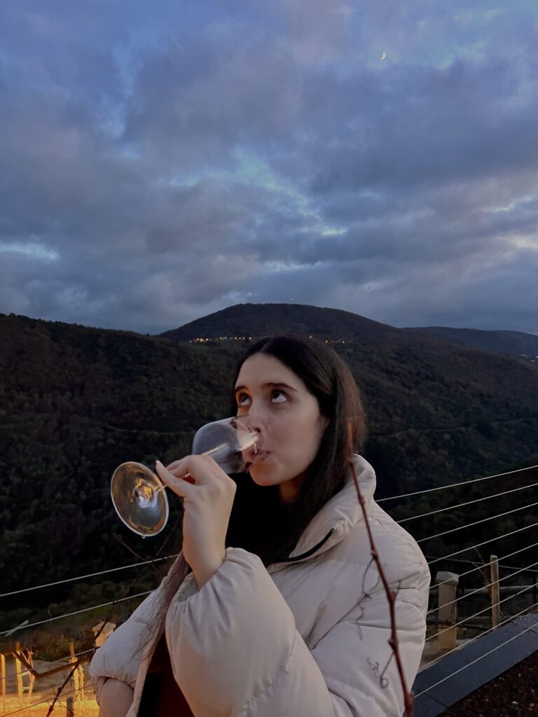 Persona bebiendo vino en un viñedo con el cielo cubierto de nubes
